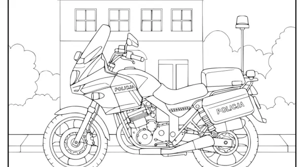 Policyjny motor czeka na pokolorowanie. Ta motor kolorowanka przedstawia motocykl z napisem POLICJA, gotowy do akcji.