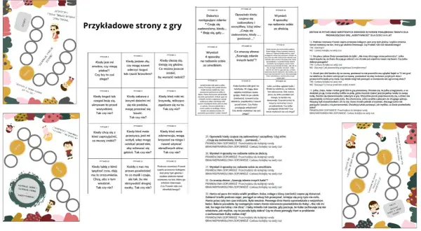 Plansza do gry z pytaniami o bajkach, ucząca asertywności i szacunku do siebie i innych.