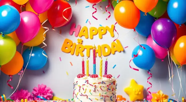 Kolorowe balony, tort i napis "Happy Birthday" tworzą radosną atmosferę. Idealne tło do stworzenia darmowych zaproszeń urodzinowych online.
