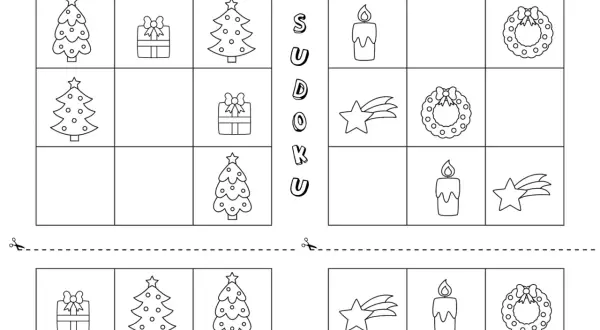 Świąteczne zadania dla dzieci: sudoku z choinkami, prezentami, świecami, gwiazdkami i wiankami.