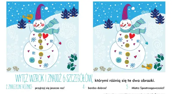 Świąteczne zagadki dla dzieci: znajdź 6 różnic między dwoma obrazkami z bałwankiem.