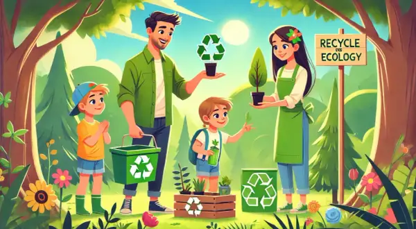 Rodzina sadzi drzewka, ucząc dzieci ekologii i recyklingu.