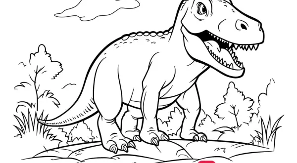 Dinozaur kolorowanka. Uśmiechnięty T-Rex czeka na Twoje kredki, by ożywić prehistoryczny świat.