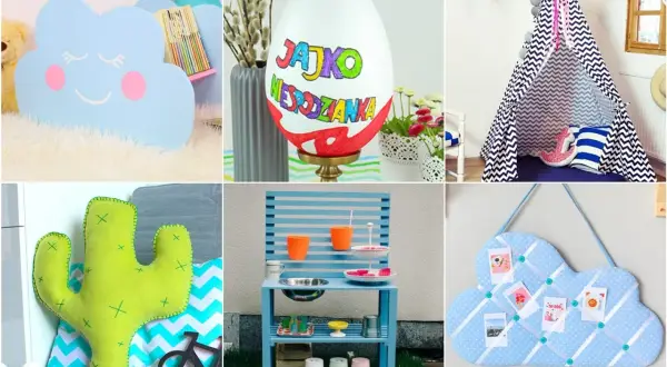 Kreatywne pomysły na prezent DIY: chmurka-półka, pisanka, tipi, poduszka kaktus, kuchnia dla dzieci, chmurka-tablica.