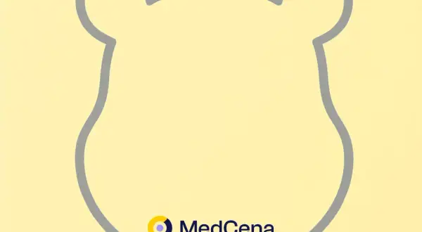 Jasne tło z konturem głowy Kubusia Puchatka. Logo MedCena.