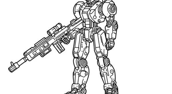 Robot kolorowanka z karabinem. Gotowy do akcji, czeka na Twoje kolory!