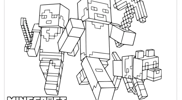Kolorowanka Minecraft: Steve z mieczem, Alex z kilofem i piesek czekają na Twoje kredki.