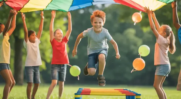 Radosne zabawy animacyjne dla dzieci przykłady: dzieci skaczą przez przeszkody pod kolorowym spadochronem, unosząc balony.