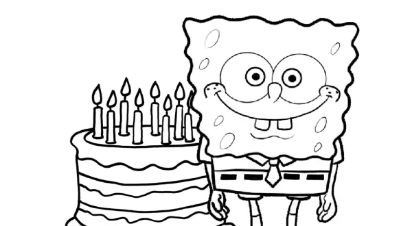 SpongeBob z uśmiechem przy wielowarstwowym torcie z zapalonymi świeczkami. To tort kolorowanka, idealny do ozdobienia!