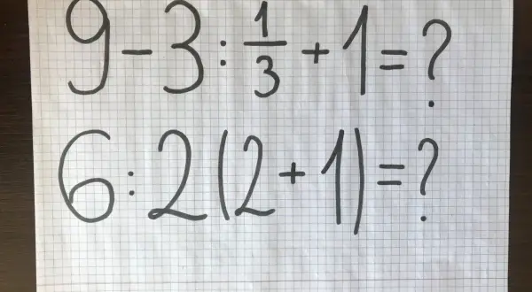 Dwa trudne zadania matematyczne na kartce w kratkę: 9-3:1/3+1=? i 6:2(2+1)=?