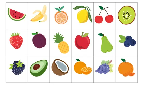 Kolorowe karty do gry memory z owocami: arbuz, banan, pomarańcza, cytryna, wiśnie, kiwi, truskawka, śliwka, ananas, jabłko, gruszka, borówki, jeżyna, awokado, kokos, mandarynka, winogrona.