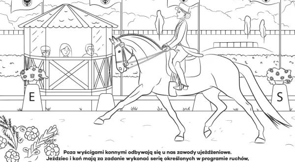 Kolorowanki konie z jeźdźcem do druku: elegancka dżokejka na koniu podczas zawodów ujeżdżeniowych.