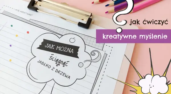 Kolorowe kredki i zeszyt z ćwiczeniami "Jak można ściągnąć jabłko z drzewa?". To inspiracja do rozwijania kreatywne myślenie u dzieci.