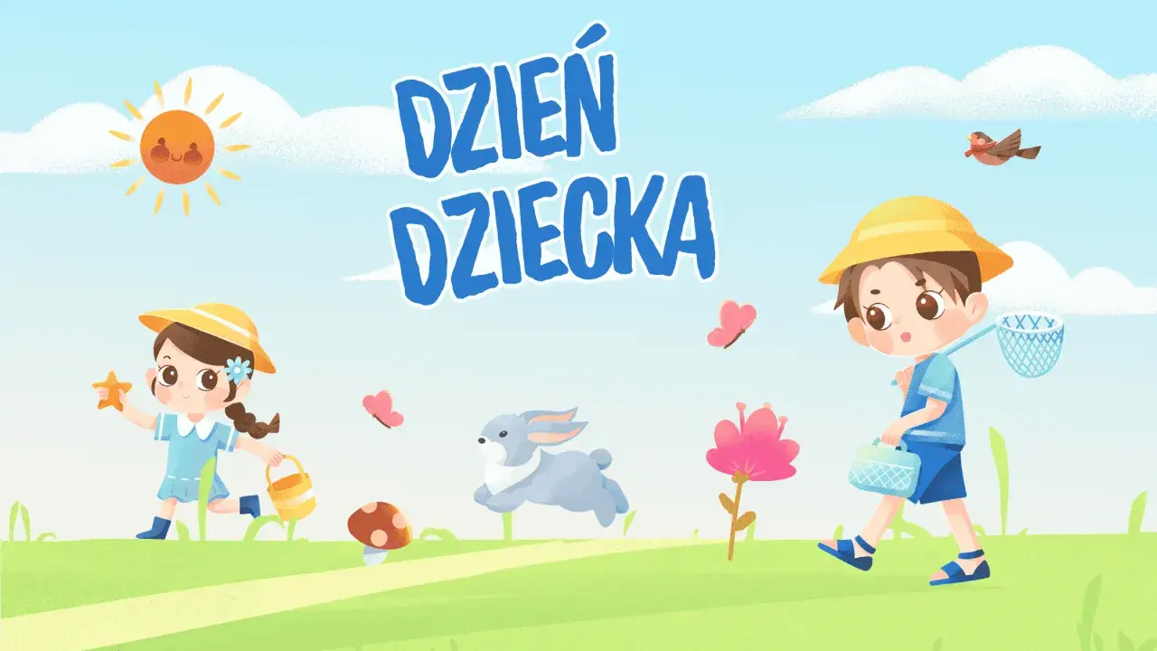 Wesołe pomysły na Dzień Dziecka w szkole podstawowej: dzieci łapią motyle, bawią się w słońcu.