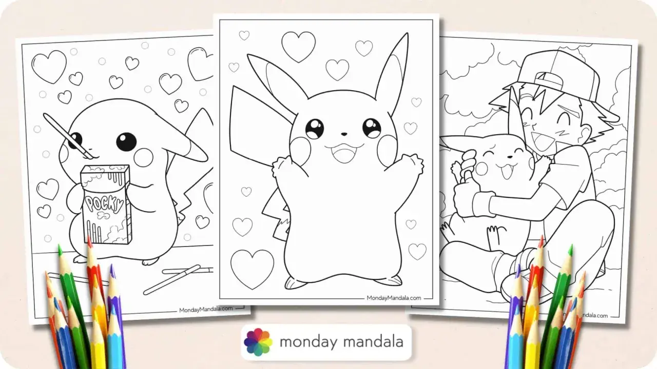 Pikachu kolorowanka: wesoły Pikachu z pudełkiem Pocky, sam Pikachu otoczony serduszkami i Ash przytulający Pikachu.