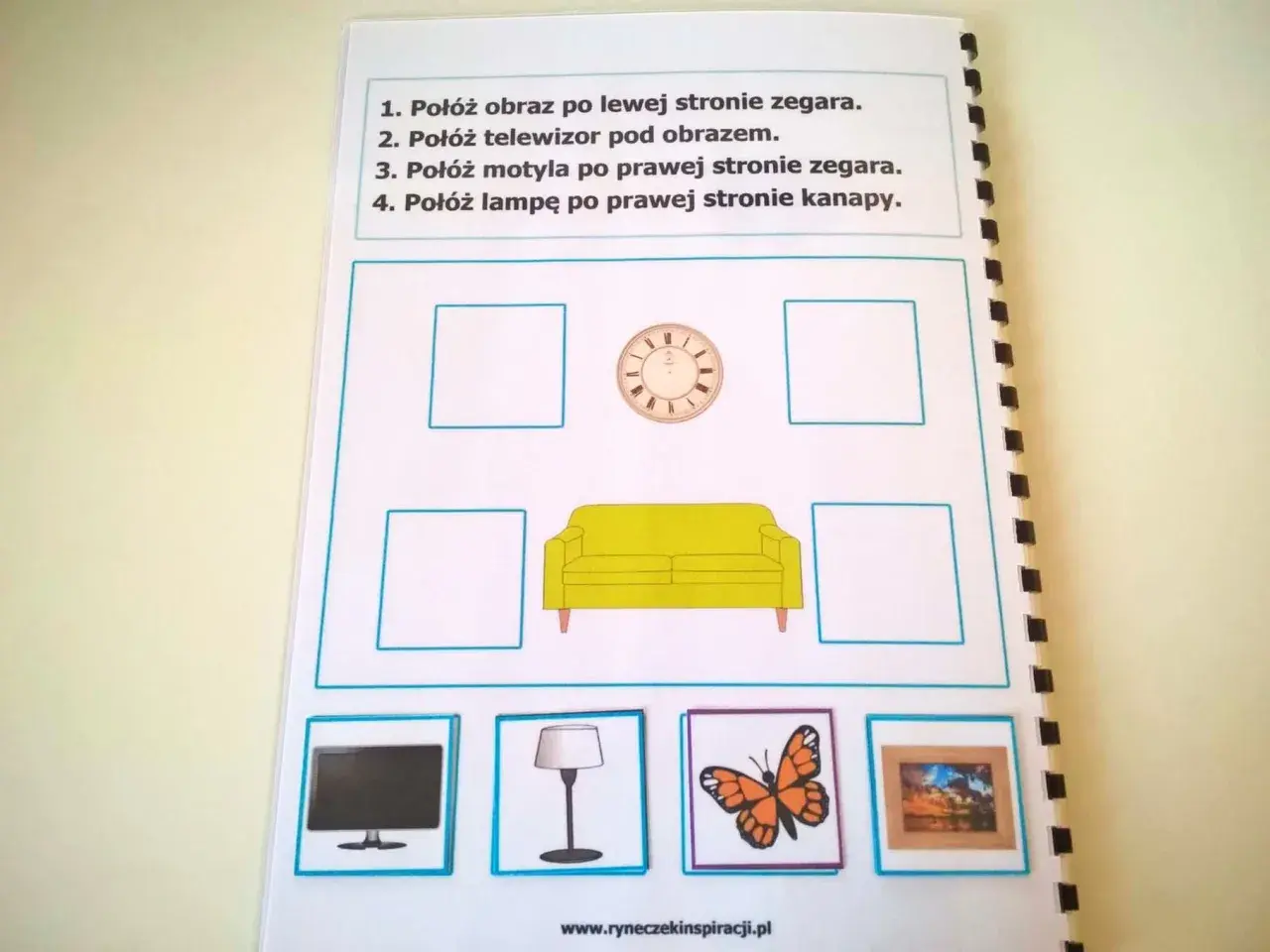 Ćwiczenie na wyobraźnię przestrzenną: umieść obraz, telewizor, motyla i lampę zgodnie z instrukcją.