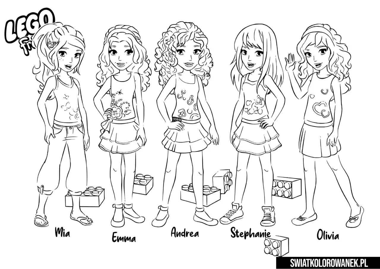 Kolorowanki Lego Friends: Mia, Emma, Andrea, Stephanie i Olivia czekają na Twoje kredki!