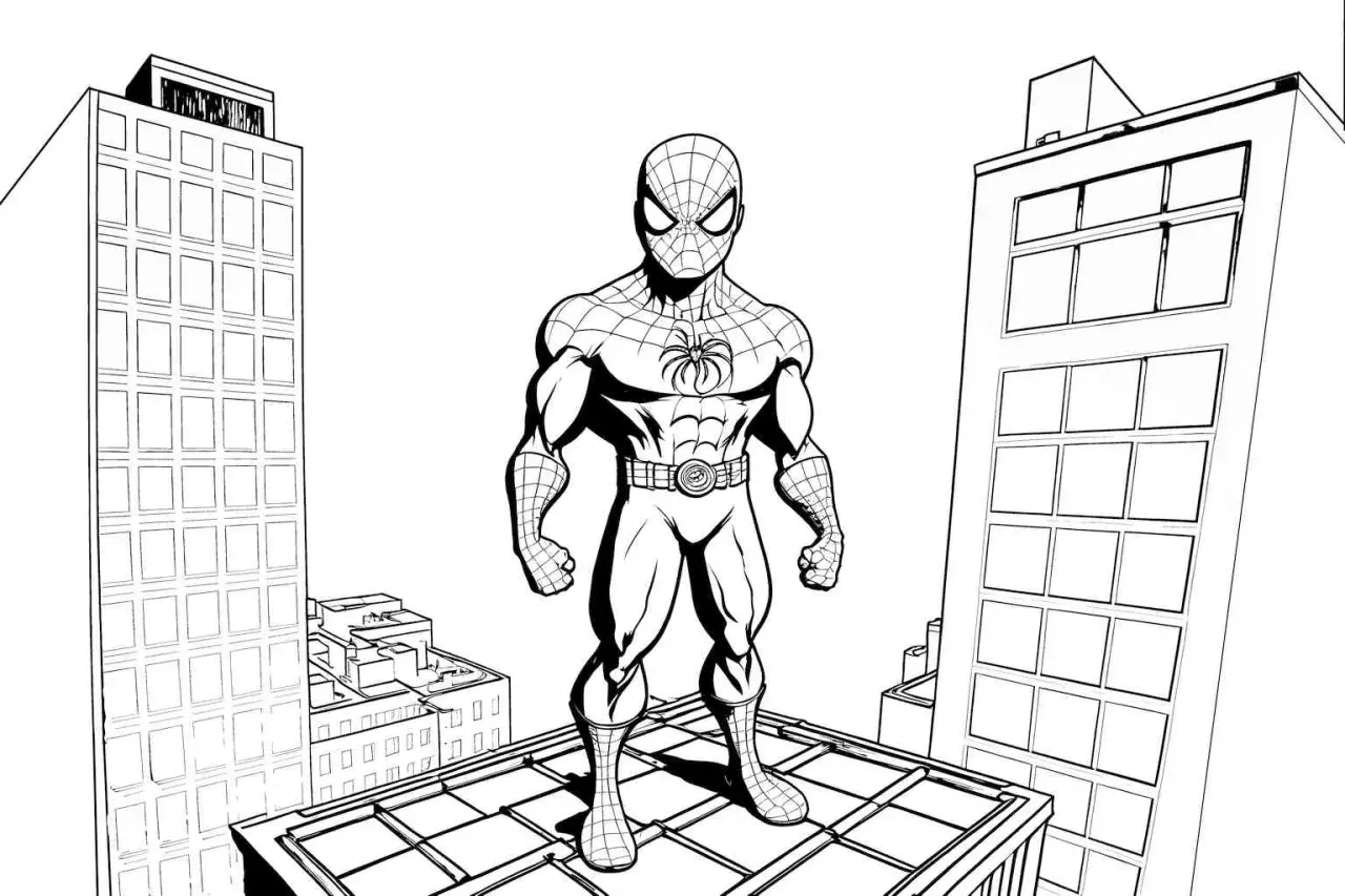 Gotowa do pokolorowania kolorowanka spiderman na dachu wieżowca, czeka na Twoją kreatywność!