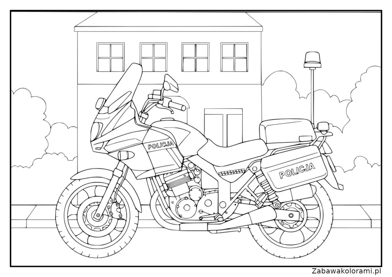 Policyjny motor czeka na pokolorowanie. Ta motor kolorowanka przedstawia motocykl z napisem POLICJA, gotowy do akcji.