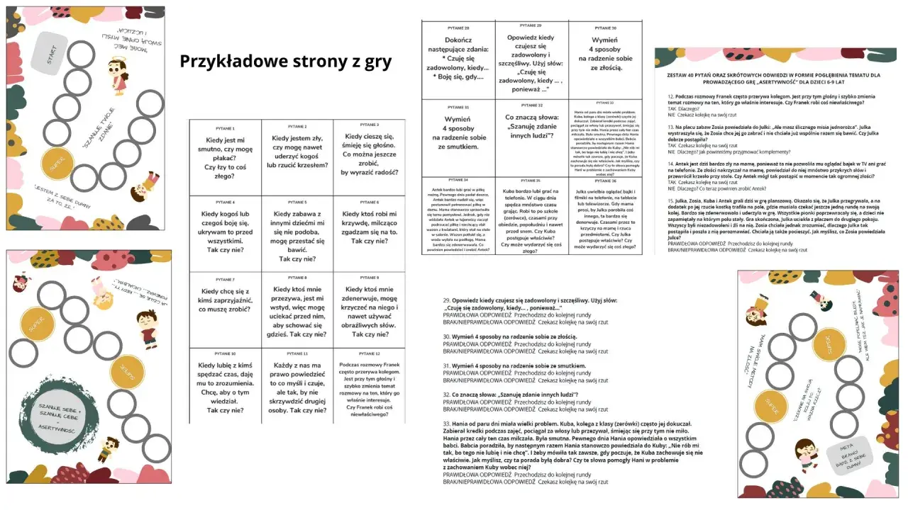 Plansza do gry z pytaniami o bajkach, ucząca asertywności i szacunku do siebie i innych.