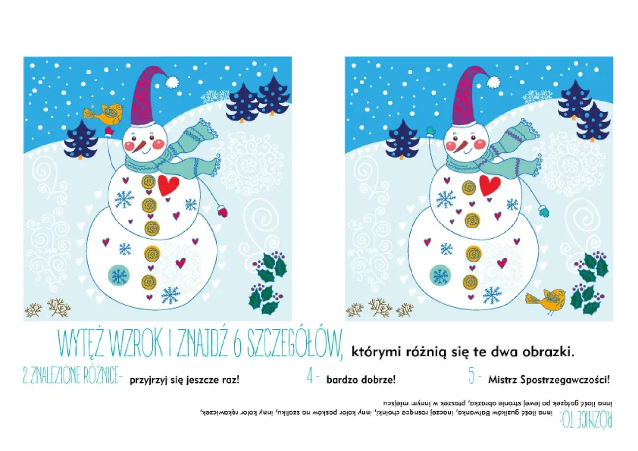 Świąteczne zagadki dla dzieci: znajdź 6 różnic między dwoma obrazkami z bałwankiem.