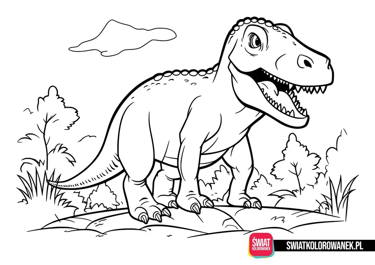 Dinozaur kolorowanka. Uśmiechnięty T-Rex czeka na Twoje kredki, by ożywić prehistoryczny świat.