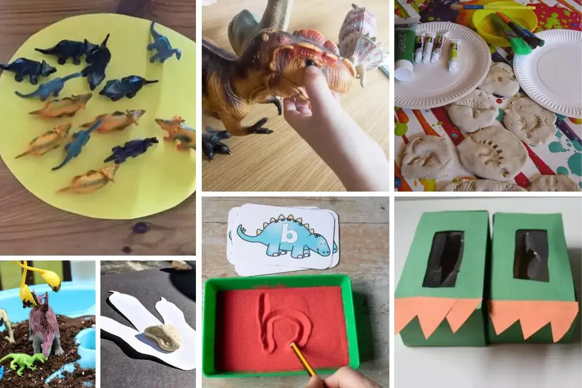 Pomysły na dzień dinozaura: zabawy z figurkami, tworzenie odcisków łap w masie, pisanie liter w piasku, malowanie i tworzenie ozdób.