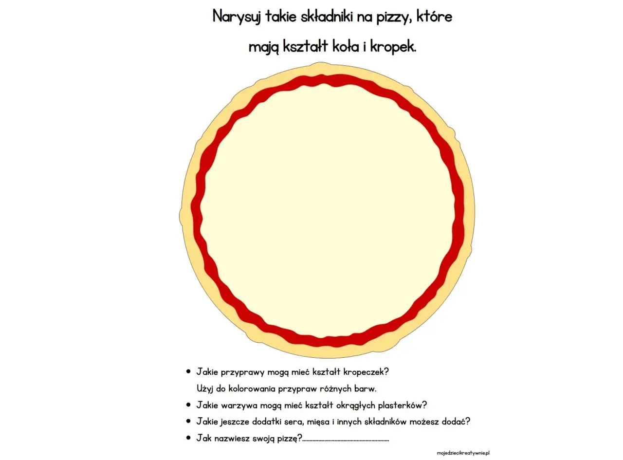 Dzień kropki! Narysuj składniki na pizzę w kształcie kół i kropek. Jakie przyprawy, warzywa i dodatki dodasz do swojej pizzy?