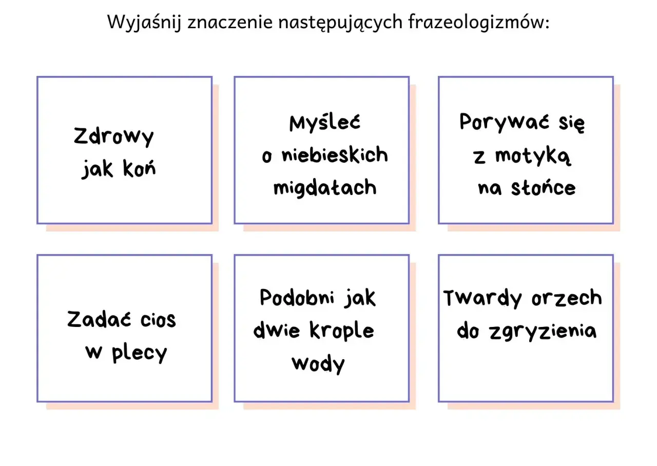 Wyjaśnij znaczenie frazeologizmów: "zdrowy jak koń", "myśleć o niebieskich migdałach", "porywać się z motyką na słońce", "zadać cios w plecy", "podobni jak dwie krople wody", "twardy orzech do zgryzienia".