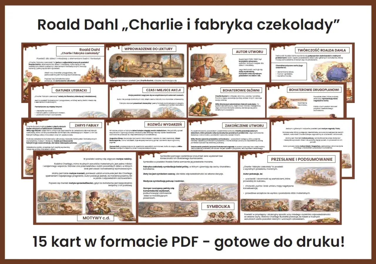 Materiały edukacyjne: "Charlie i fabryka czekolady" – test z odpowiedziami. Podsumowanie motywów, symboliki i przesłania powieści Roalda Dahla.