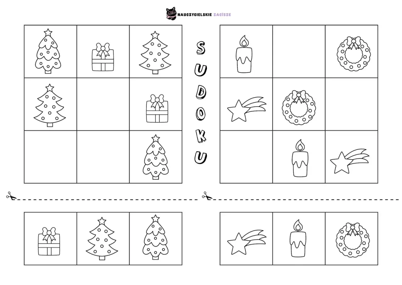 Świąteczne zadania dla dzieci: sudoku z choinkami, prezentami, świecami, gwiazdkami i wiankami.