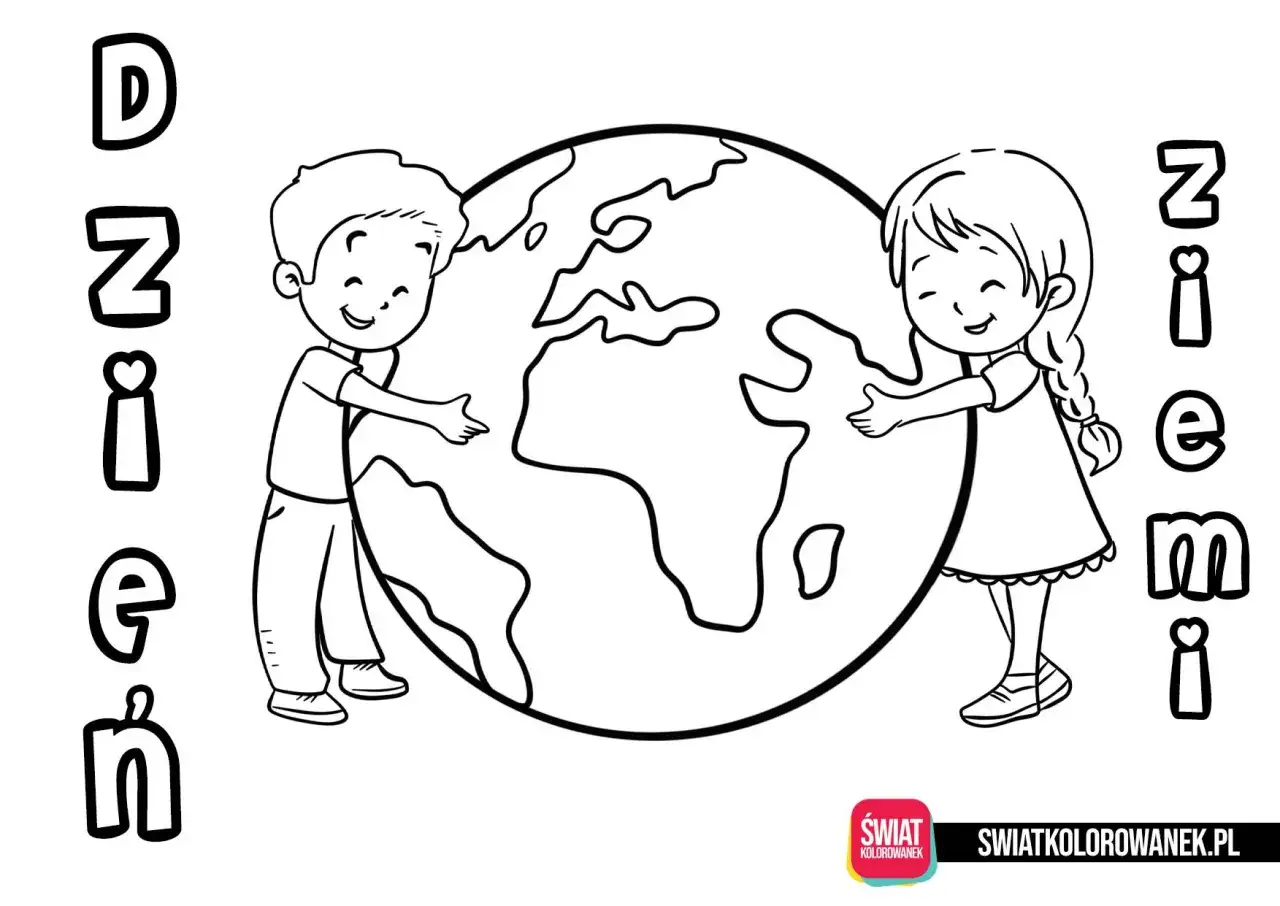 Kolorowanka Dzień Ziemi: chłopiec i dziewczynka obejmują planetę.