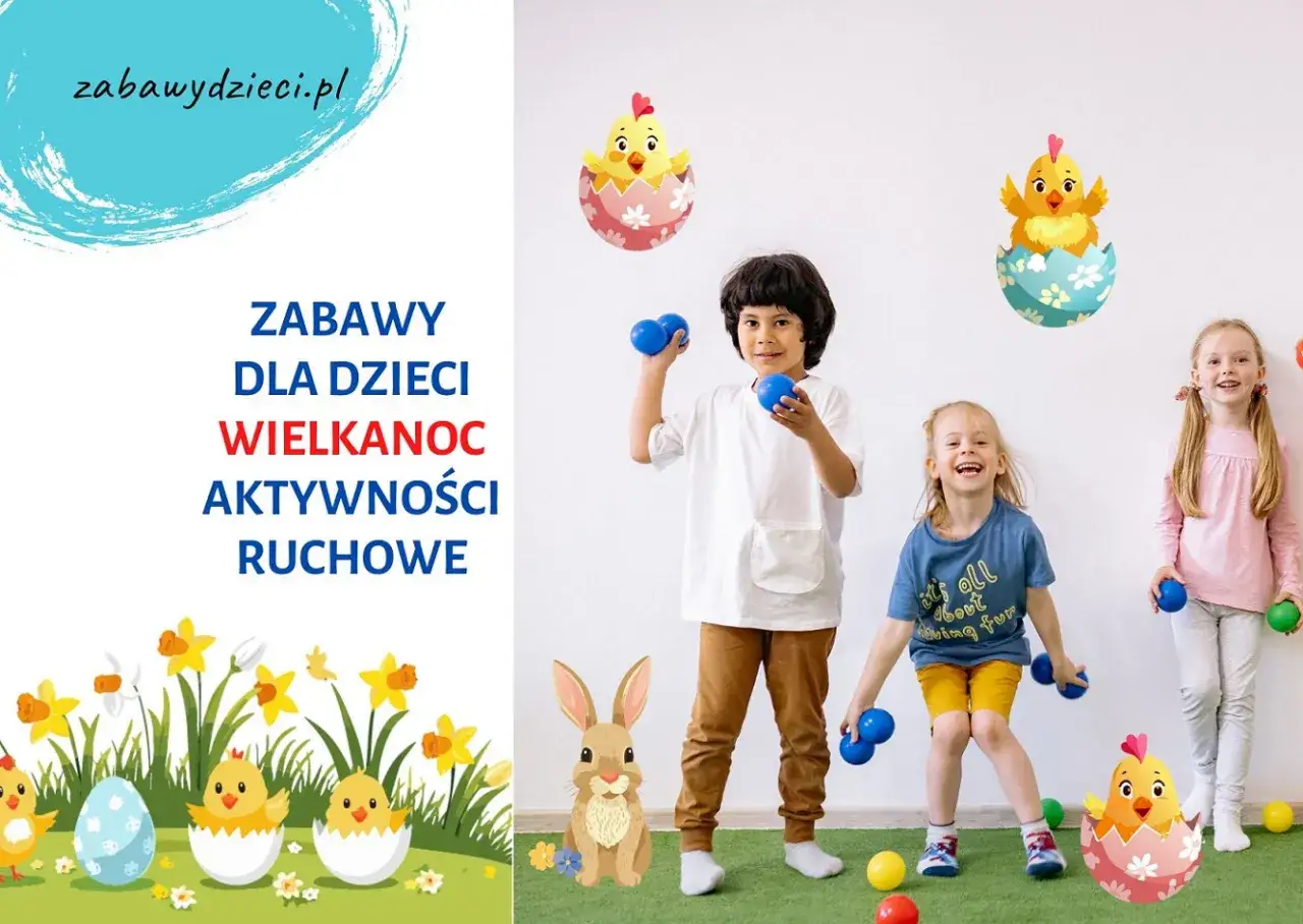Wesołe dzieci bawią się piłeczkami, szukając inspiracji na wielkanoc dla dzieci. W tle wielkanocne dekoracje.