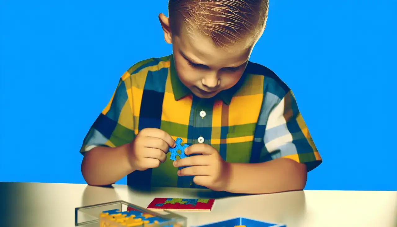Chłopiec z uwagą układa niebieską kostkę puzzli. To przykład myślenia krytycznego co to, czyli analizy i rozwiązywania problem&oacute;w.