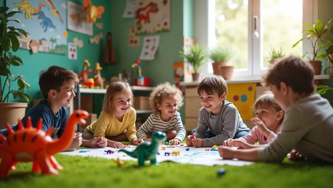 Dzieci bawią się zabawkami dinozaurów, tworząc wspaniałe pomysły na dzień dinozaura.