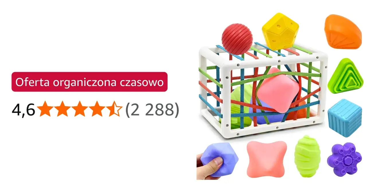 Kolorowe klocki do sortowania kształt&oacute;w rozwijają wyobraźnię przestrzenną. Dziecko dopasowuje je do otwor&oacute;w w pudełku.