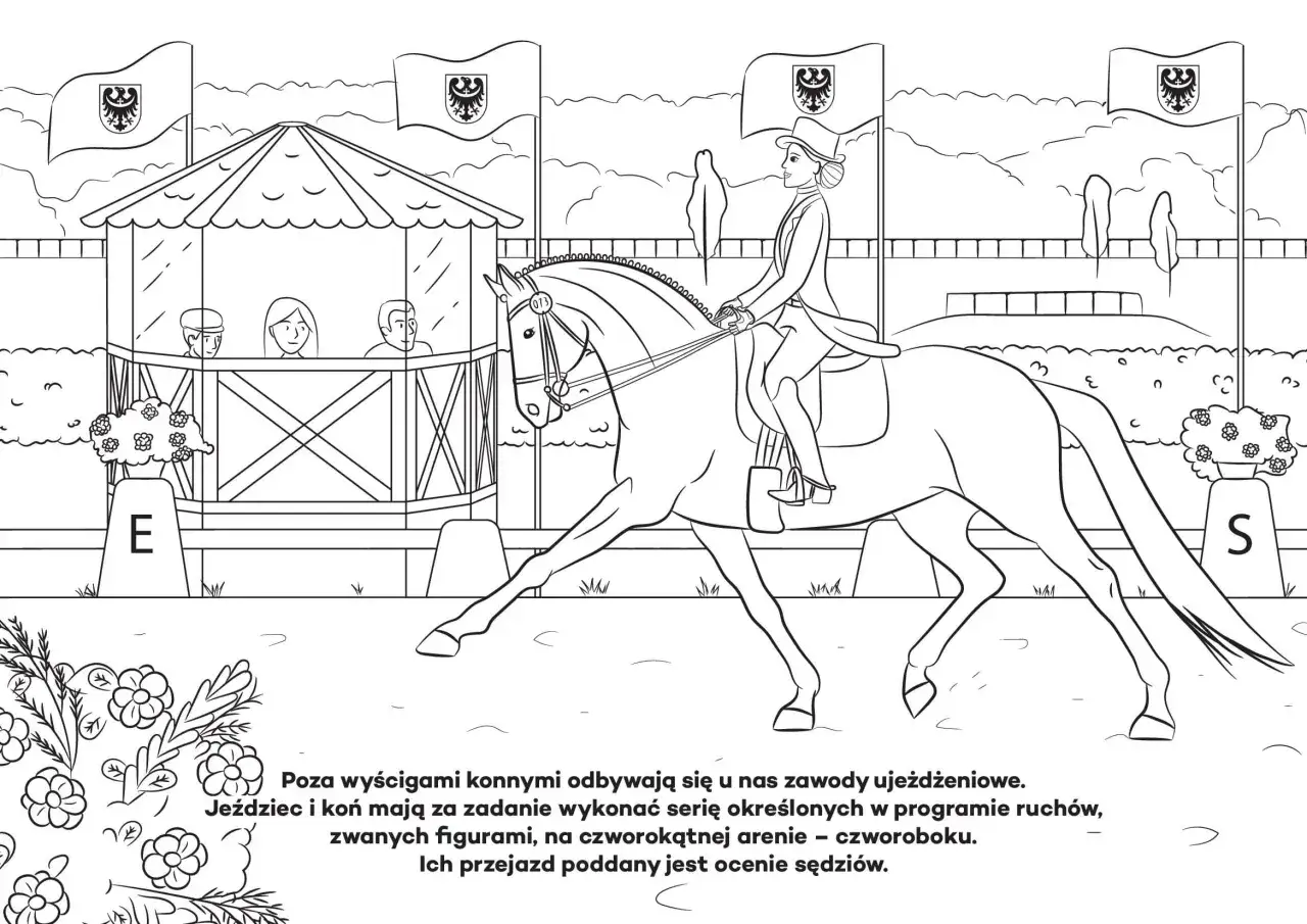 Kolorowanki konie z jeźdźcem do druku: elegancka dżokejka na koniu podczas zawod&oacute;w ujeżdżeniowych.