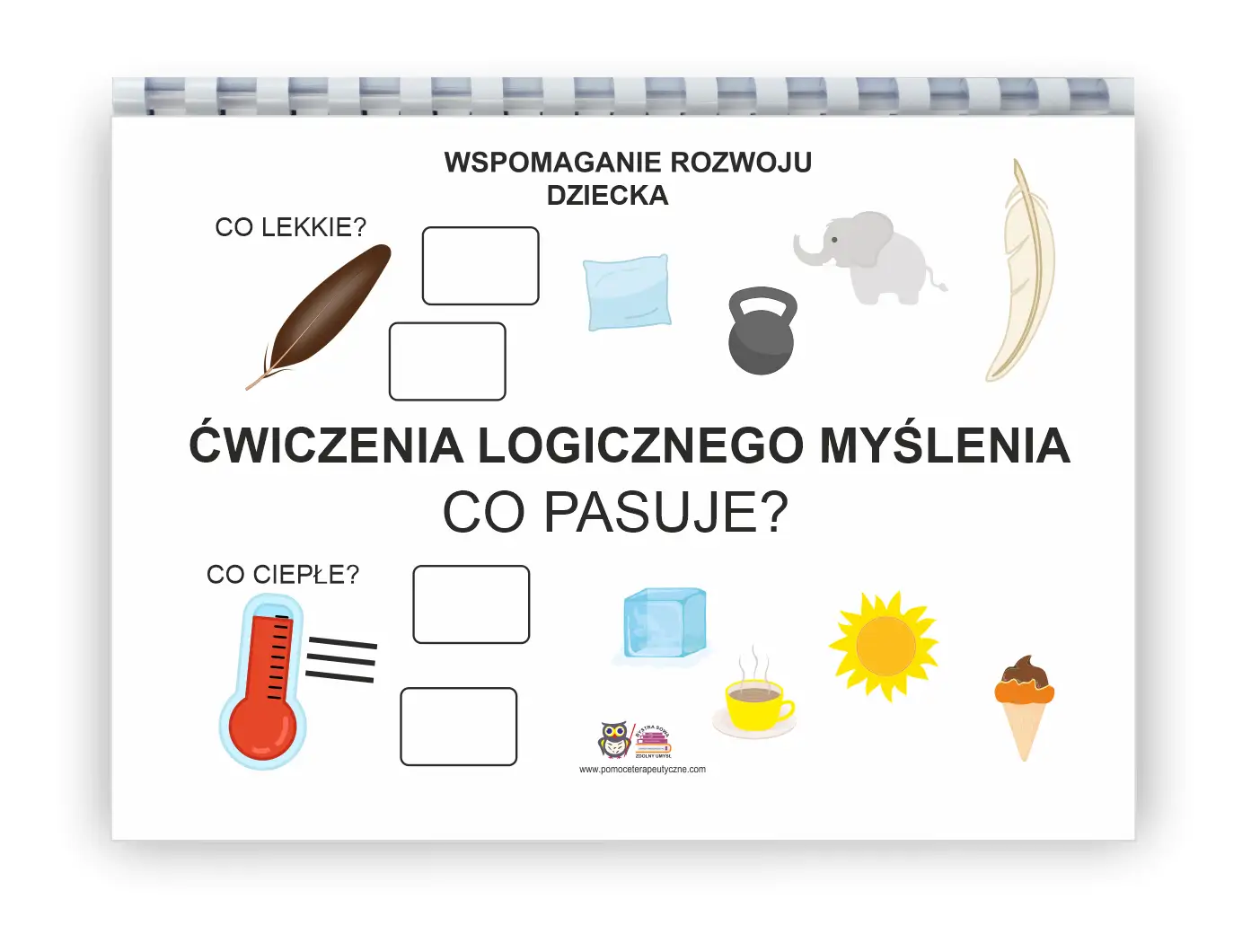 Ćwiczenia logicznego myślenia dla dzieci: pi&oacute;rko, poduszka, słoń, pi&oacute;ro. Termometr, l&oacute;d, słońce, kawa, lody.