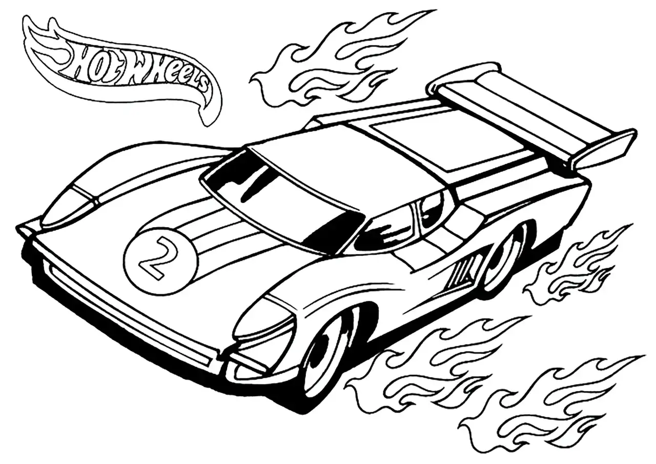 Wyścig&oacute;wka z płomieniami i logo Hot Wheels. Ta kolorowanka zaprasza do stworzenia własnego, ognistej maszyny.