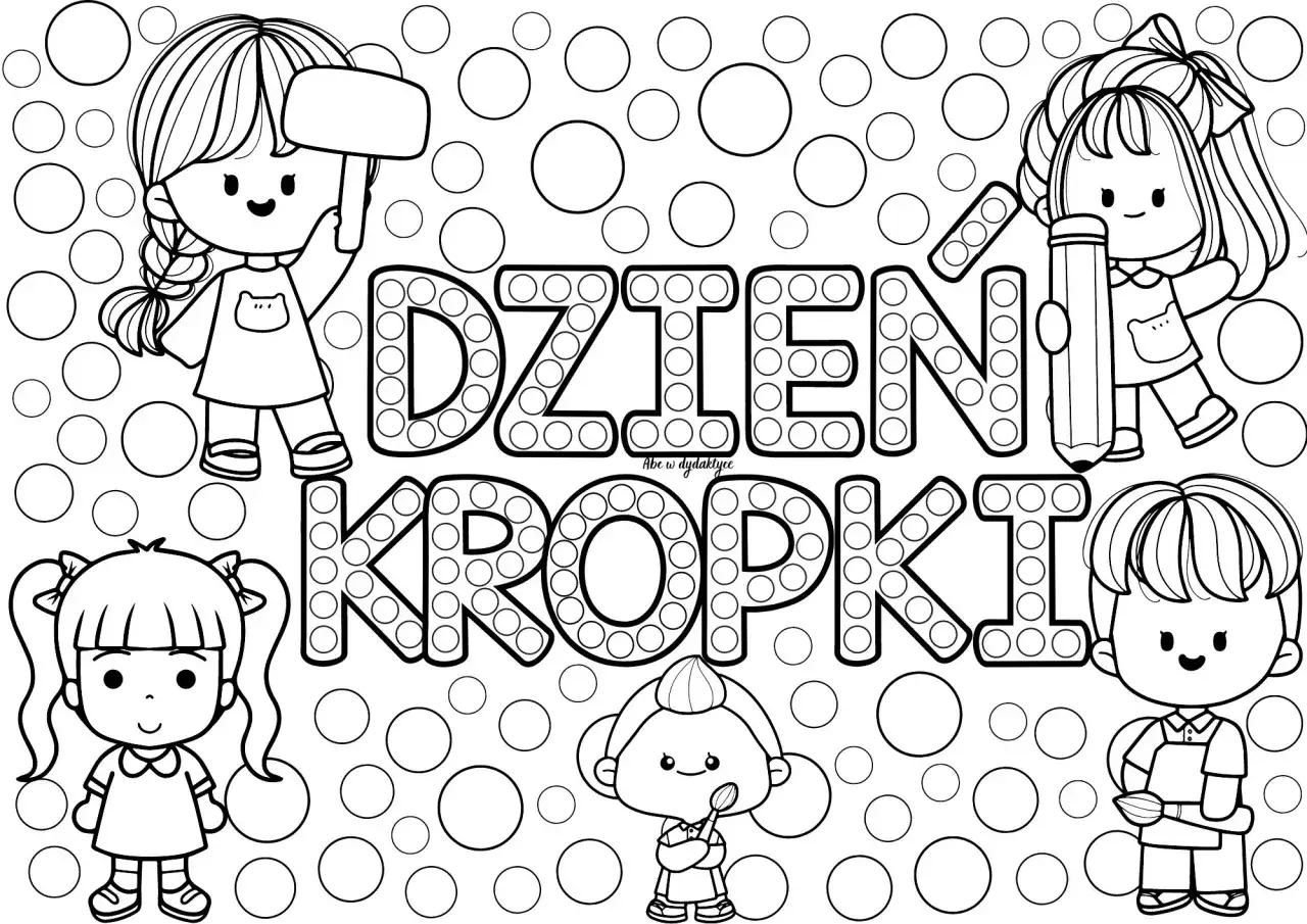 Kolorowanka do druku na Dzień Kropki. Dzieci z kredkami i pędzlem gotowe do tworzenia kolorowych dzieł.