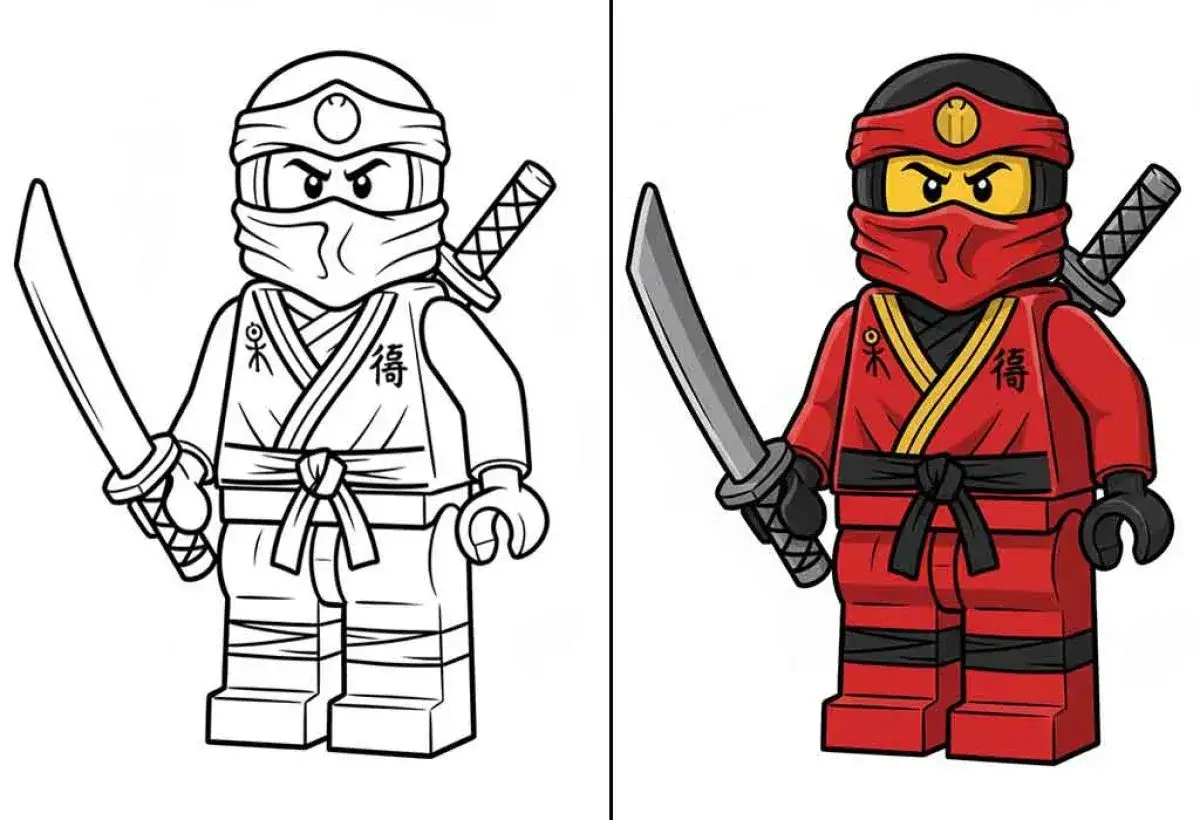 Kolorowanka Ninjago: czarno-biały szkic wojownika obok kolorowego, czerwonego ninja z mieczem.