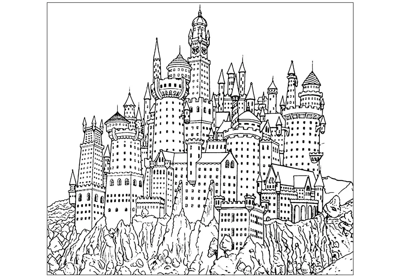 Kolorowanka przedstawiająca Hogwart, zamek z serii o Harrym Potterze, z licznymi wieżami i detalami, gotowa do pokolorowania.