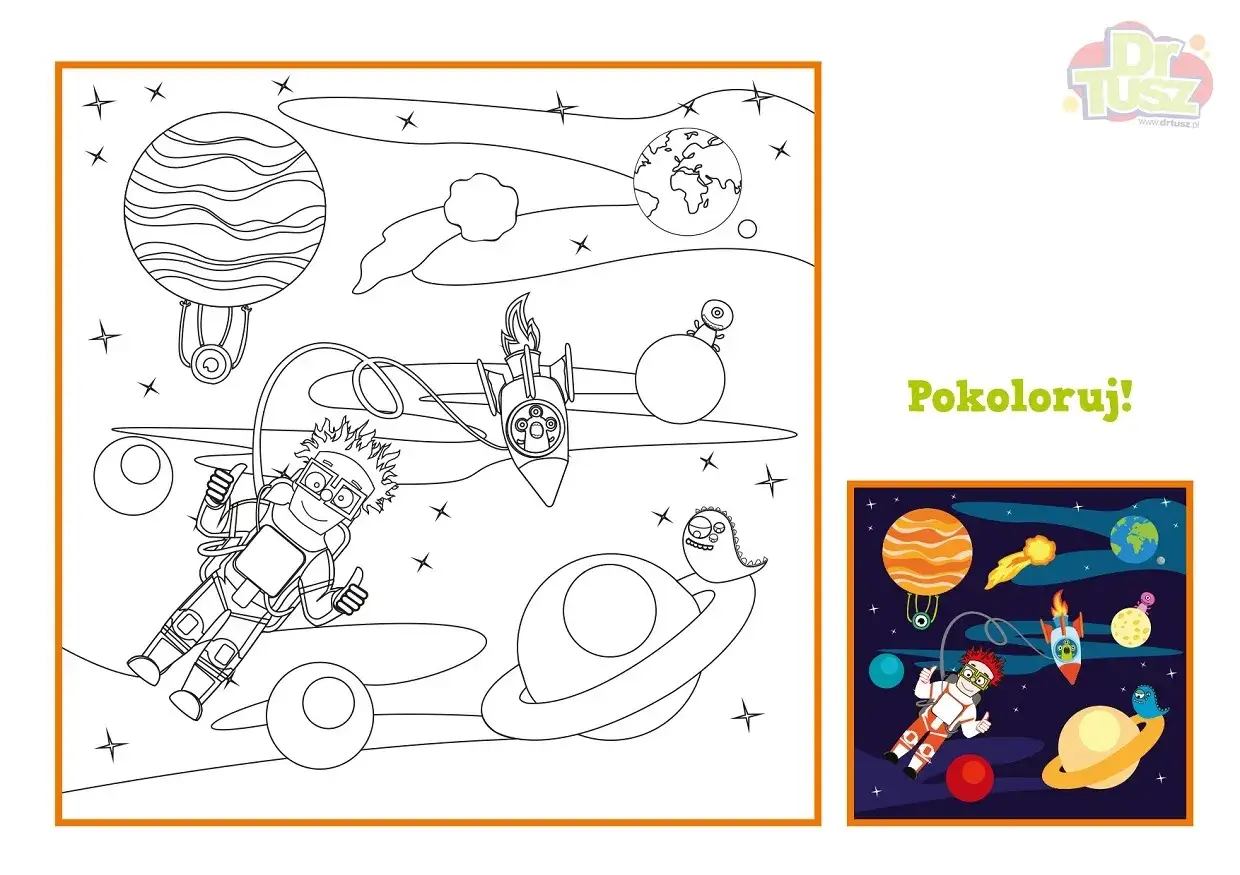 Kosmiczna przygoda czeka! Astronauta, rakiety i planety kolorowanka do pomalowania.