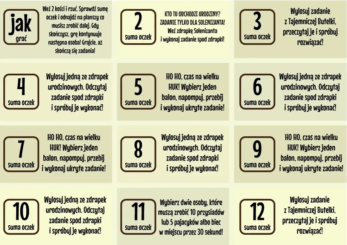 Plansza z zadaniami dla dzieci: rzucaj kostką, losuj zdrapki i wykonuj śmieszne zadania, np. przebij balon lub zr&oacute;b pajacyki.