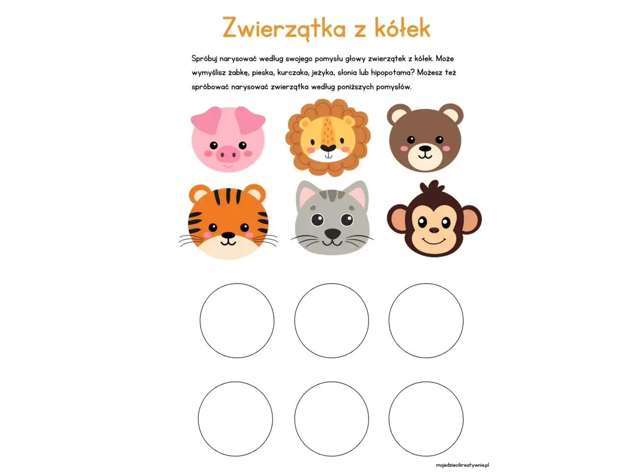 Zwierzątka z kółek: świnia, lew, miś, tygrys, kot, małpa. Idealne na dzień kropki do rysowania!