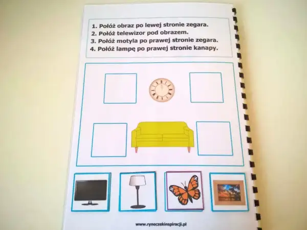 Ćwiczenie na wyobraźnię przestrzenną: umieść obraz, telewizor, motyla i lampę zgodnie z instrukcją.