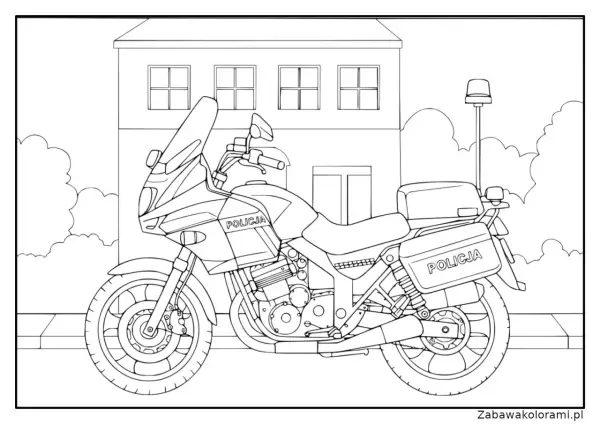 Policyjny motor czeka na pokolorowanie. Ta motor kolorowanka przedstawia motocykl z napisem POLICJA, gotowy do akcji.