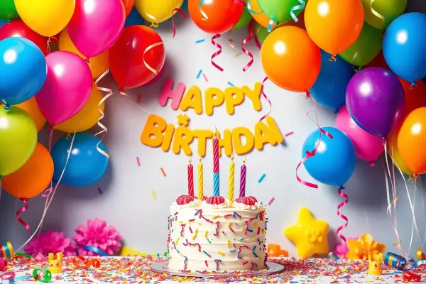 Kolorowe balony, tort i napis "Happy Birthday" tworzą radosną atmosferę. Idealne tło do stworzenia darmowych zaproszeń urodzinowych online.