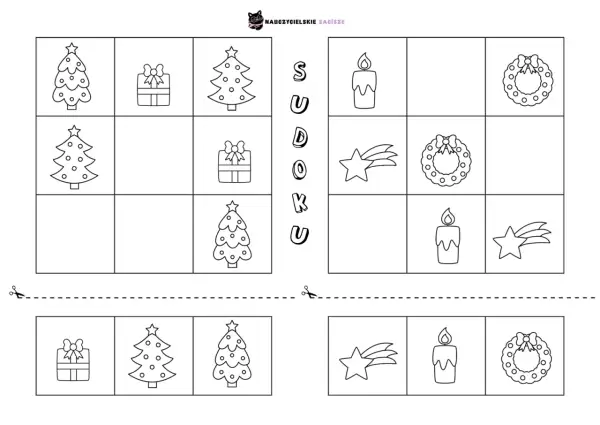 Świąteczne zadania dla dzieci: sudoku z choinkami, prezentami, świecami, gwiazdkami i wiankami.