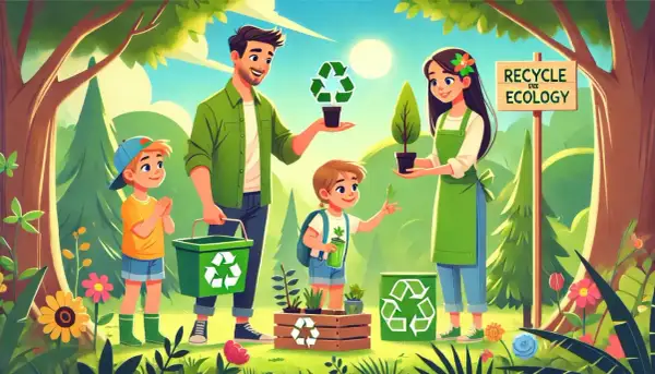 Rodzina sadzi drzewka, ucząc dzieci ekologii i recyklingu.